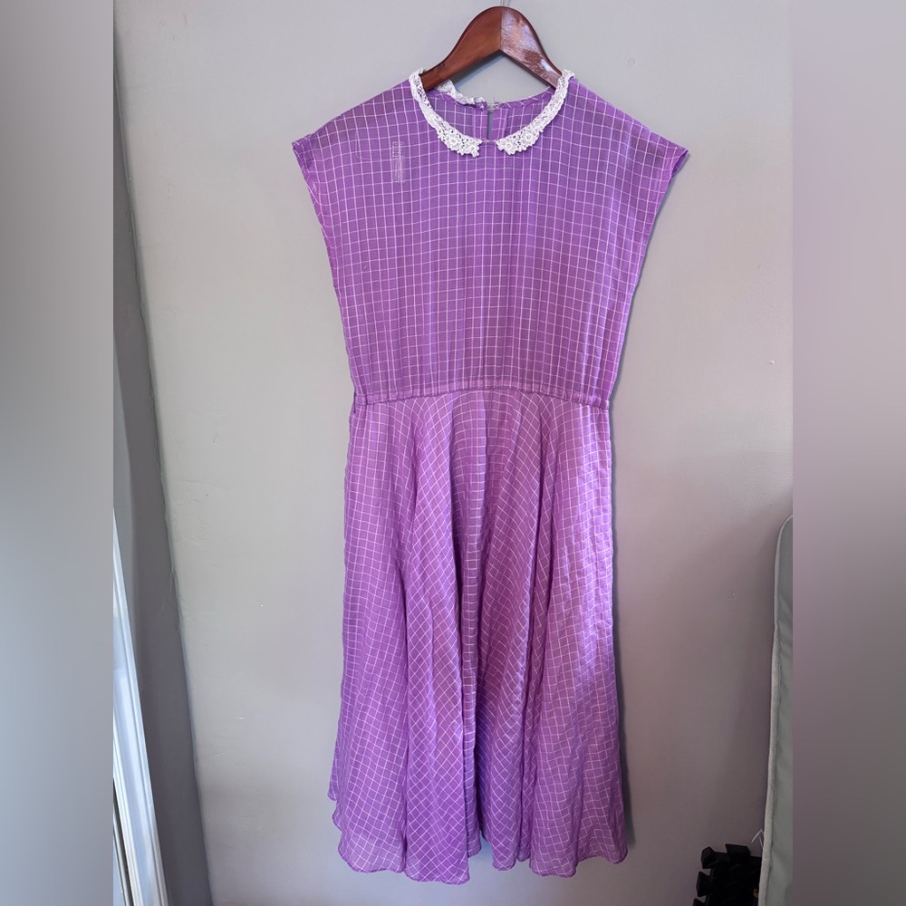 Vintage 80s Purple Dress with Lace Collar